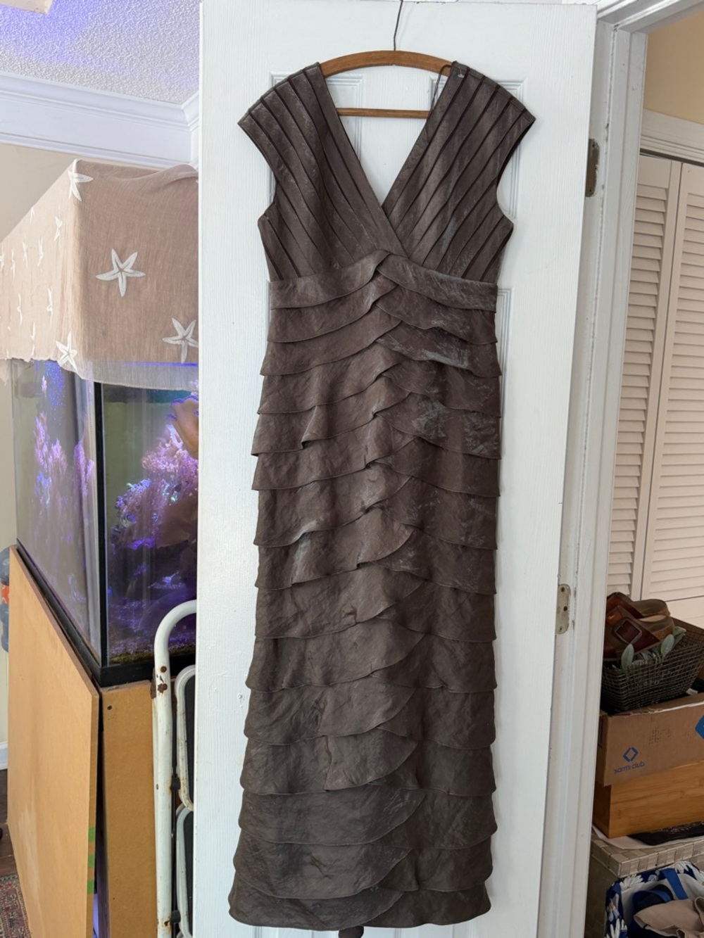 Adrianna Papell Brown Tiered V-Neck Dress